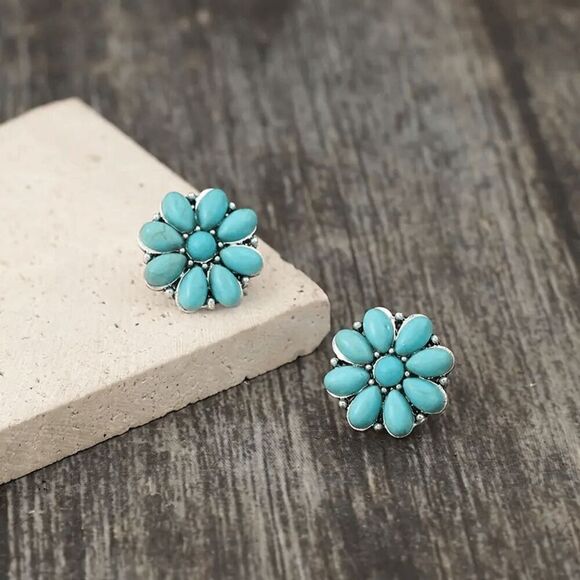 Western Boho Flower Turquoise Stud Earrings - Picture 2 of 5